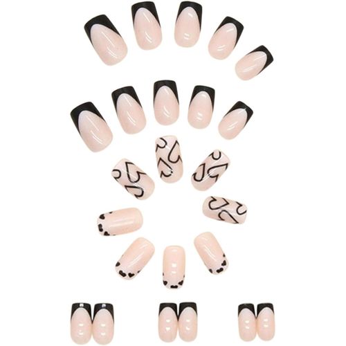 Ytseazn-24 Pièces French Tip Press On Nails-Faux Ongles Courts Carrés Ongles Courts En Acrylique Noir Avec Motif De C?ur Nail Art Acrylique Pour Femmes,Filles,Ballerines 