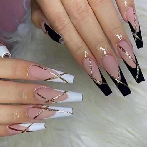 Ytseazn-24 Pièces Glitter Swirl Faux Ongles Long,Noir Et Blanc French Press On Nails Courts,Coffin Faux Ongle Avec Colle Pour Femme Et Fille,Ballerina Faux Ongles À Coller Nail Art 