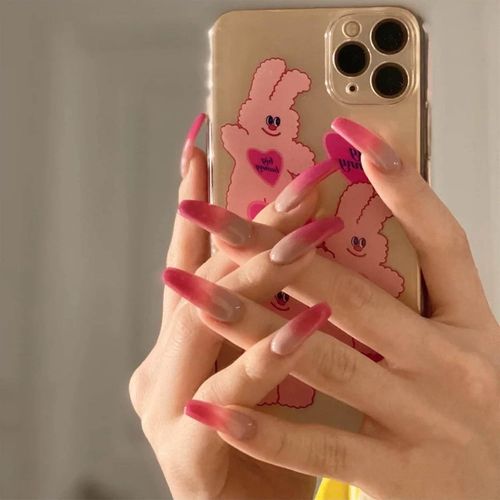 Ytseazn-Cercueil Gradient Impression Sur Ongles Coller Sur Ongles Long Cercueil Faux Ongles Ballerine Français Stick Sur Ongles Rose Brillant Ongles Dégradé Couverture Complète Ongles Acrylique 24pcs 