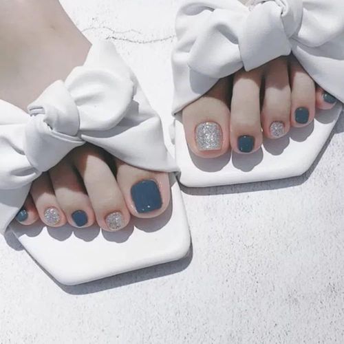 Ytseazn-Faux Ongles Pieds Blanc Brillant Et Bleu Clair,Faux Ongles D'orteil D'été Avec Colle Pour Femme,Cadeau Noël Saint Valentin Mariage Anniversaire 