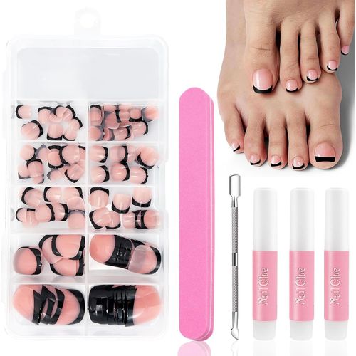 Ytseazn-120 Pièces Faux Ongles D'orteil,12 Tailles Faux Ongles De Pied Carré Court,Couverture Complète French Capsule Ongle Pied Avec Colle,Bordure Noir Faux Orteil Ongles Pieds Pour Femmes(Arc Profond) 