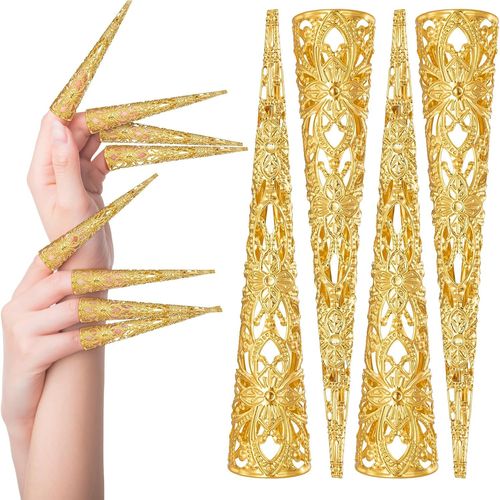 Ytseazn-10 Pièces Doigt Ongle Griffe Anneaux Griffes Pour Halloween Cosplay Métallique Faux Ongle Longs Doigt Pour Costume D'ongle Déguisement Fingernail Claw Nail Rings Set Doré Ancienne Reine Costume 