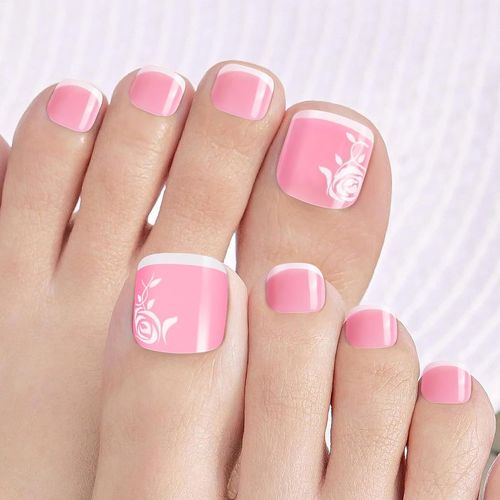Ytseazn-48 Pieces Faux Ongles De Pied Rose En Acryliqu,Orteil Capsule Ongles Français In 12 Tailles,Couverture Complète Toe Nails Avec Limes À Ongles Pour Femmes Manucure 