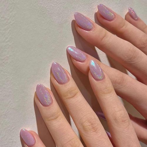 Ytseazn-24 Pcs Solide Amande Faux Ongles Court Motif,Glitter Pink French Press On Nails Court,Glossy Oval Faux Ongle Avec Colle Pour Femme Et Ado,Moyen Faux Ongles À Coller Nail Art 