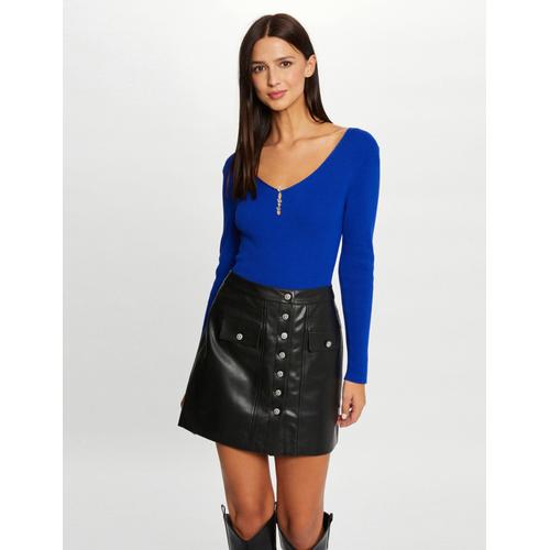 Pull Manches Longues Col En V Bleu Electrique Femme