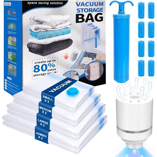 ytseazn-Sac Sous Vide Vêtement Aspirateur,Ensemble De 8(2 Jumbo,2L,2M,2S)Sac Rangement Sous Vide Aspirateur Avce Pompe Électrique Et Pompe Manuelle Pour Vêtements,Couettes,Voyages