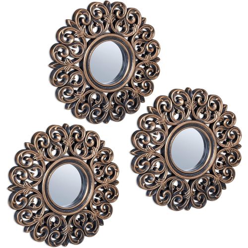ytseazn-Lot De 3 Miroirs,Décoration Baroque,Salon,Entrée,Diamètre De 25 Cm,Cadre En Plastique,Bronze-Noir