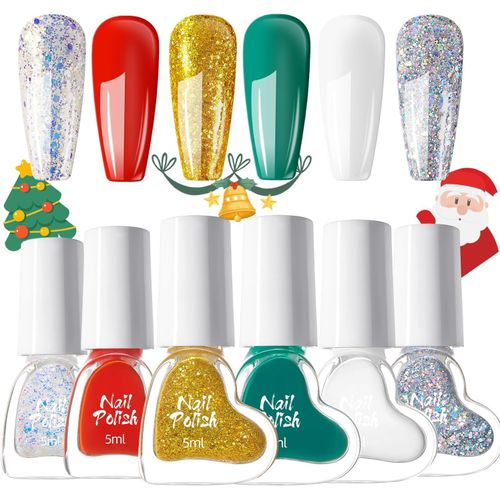 Ytseazn-Lot De 6 Vernis À Ongles De 6 Couleurs-Kit De Vernis À Ongles De Noël Longue Durée-Rouge Scintillant-Vert Brillant Argenté-Séchage Rapide-Vernis À Ongles À Base D'eau Non Toxique-Pour 