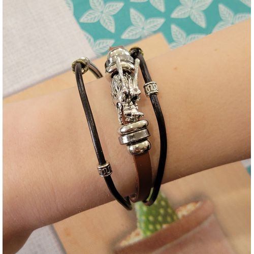 Bracelet Dragon Argente Lanieres Noires Et Marrons !