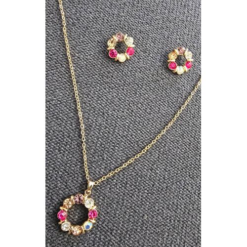 Parure/Ensemble Bijoux 2 Pièces Collier Et Boucles D'Oreilles Doré Et Rose