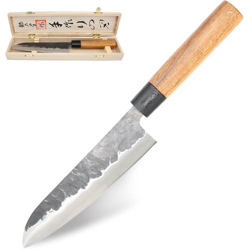 Shiba-Fishtec Couteau Cuisine De Chef 18 Cm - Lame Acier Japonais Martelé 2.5 Mm Robustesse 58 Hrc - Couteau Professionnel Tout Us[1