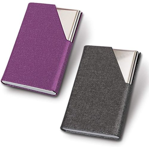SHIBA-Lot de 2 porte-cartes de visite professionnels fins en cuir synthétique + acier inoxydable pour les voyages et les affaires [1