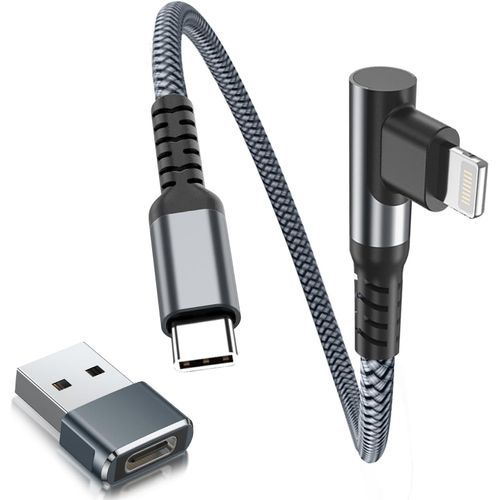 SHIBA-Câble Chargeur USB C vers Lightning 0.3M 90 Degrés avec Adaptateur USB A,Coudé Cordon Type C PD Angle Droit Charge Rapide po[9