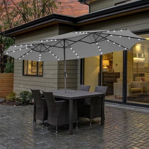 Costway Parasol De Jardin Double Avec 48 Lumières Solaires Leds, 12 Nervures, 470 X 280 X 246 Cm, Pour Terrasse, Cour, Gris