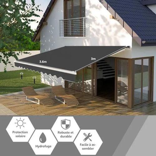 Costway Store Banne De Balcon Rétractable 3,6 X 3m Avec Tissu Résistant Aux Uv Et À L'eau Cadre Aluminium Angle Réglable 5-35° Gris