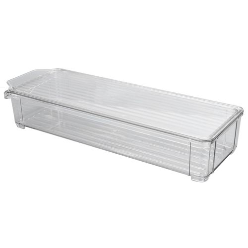 CONNOR Bac de rangement transparent de grande capacite, en plastique transparent de qualite alimentaire, multifonction, portable et durable, pour garde-manger, type etroit et court avec couvercle