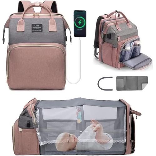 Ytseazn-Sac À Dos À Langer Avec,Grande Sac À Couches Avec Matelas À Langer,Sac À Dos Pour Lit Bébé,Sac De Voyage Avec Lit Pliable Et Pare-Soleil
