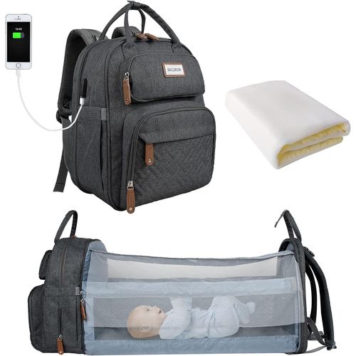 Ytseazn-Sac À Langer Pour Bébé Sac À Dos,Sacs À Langer Grande Capacité,Sac À Langer De Voyage Portable Avec Lit Pliable,Mode Imperméable(Gris Foncé)