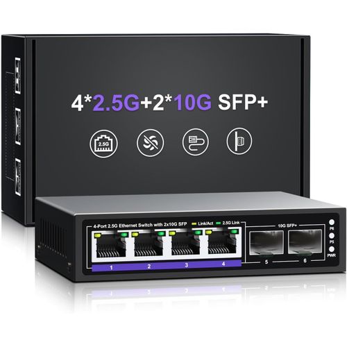 ytseazn-Commutateur Ethernet Non Géré 6 Ports 2.5Gb,4 Ports 2.5G Base-T,2X10G Sfp +,Compatible Avec 100/1000/2500Mbps,Montage Mural/De Bureau Commutateur Réseau 2.5 Gbe Pour Ap Sans Fil,Nas,Pc