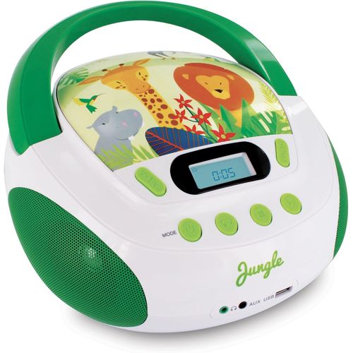 CLICKSELL-477144 Lecteur Cd Enfant Jungle Mp3 Et Port Usb - Aux-In - Prise Casque - Poste Portable Avec Poignée De Transport - Alimentation Secteur Ou Piles - Vert Et Blanc
