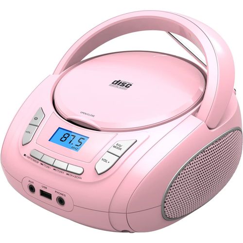 CLICKSELL-Lecteur Cd Portable Boombox Pour Enfants (Avec Bluetooth, Radio Fm, Mp3, Usb, Aux, Prise Casque), Son Stéréo Pour Toute La Famille (Rose)