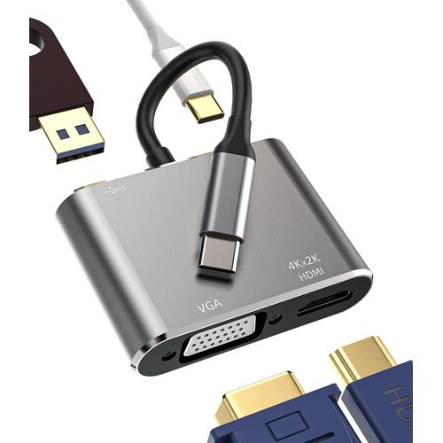 CLICKSELL-Adaptateur Usb C Vers Hdmi + Vga + Usb A + Type C (4 En 1) Double Moniteur Station D'Accueil Thunderbolt Pour Port D'Affichage Tv Hub Chargeur Câble Répartiteur Portable Extender Compatible