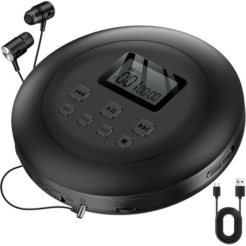 CLICKSELL-Lecteur Cd Portable Lecteur Cd Enfant Lecteur Cd Hifi Lecteurs Cd Pour Voiture Avec Écouteurs Ecran Lcd Support Prog Asp Fonction Mémoire Fonction De Répétition Effet Bass Noir