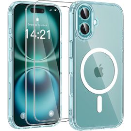Clicksell-Magnétique Coque Compatible Avec Iphone 16 Plus Aimantée Avec 2 Verres Trempés, Compatible Magsafe Dos Anti Rayures Coque Antichoc Tpu Bumper Iphone 16 Plus Housse 6,7"" -Transparente