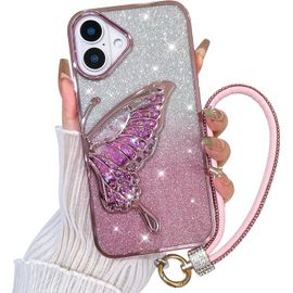 Clicksell-Coque De Téléphone Portable Avec Cordon Anti-Sismique Souple Pour Iphone 16 Plus Et Objectif D'appareil Photo À Motif Papillon Rose