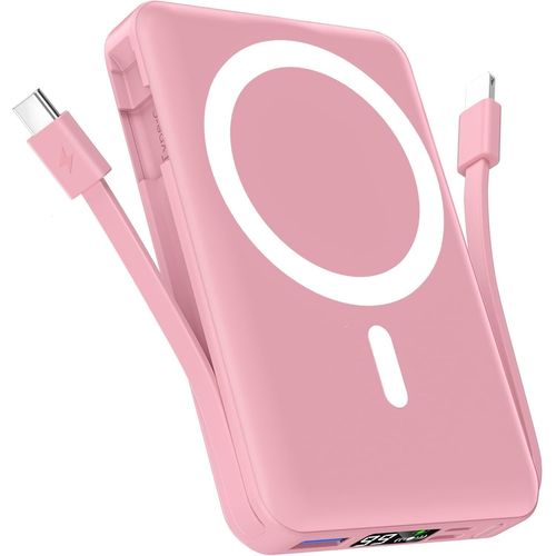 Clicksell-Batterie Externe Mag-Safe 10000mah,Avec 2 Câble Charge Rapide Pd 22.5w Batterie Externe Iphone,Portable Écran Led Sans Fil Power Bank Pour 16/15/14/13/12/Pro/Max/Plus/Mini Série-Rose