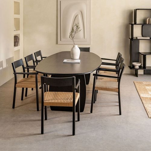 Ensemble Table Ovale Agathe, 260x120 Cm, En Bois De Manguier Et 8 Chaises De Salle À Manger En Chêne Mara Noir Uni