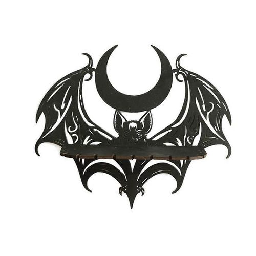 Étagère Murale En Bois Noir Gothique Chauve-Souris Lune Profilage Creux Motif Flottant Étagère Porte-Cristal Goth Sorcière Chambre Decor