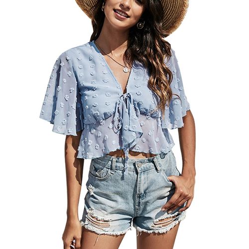 Femmes Cravate Front Top Mode Décontracté V Cou Batwing Manchette Femmes Chemise D¿Été Pour Tous Les Jours