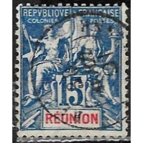 France, Ile De La Réunion, Colonie Française 1892, Beau Timbre Classique Yvert 37, Type Sage "Colonies" 15c. Bleu, Oblitéré, Tbe.
