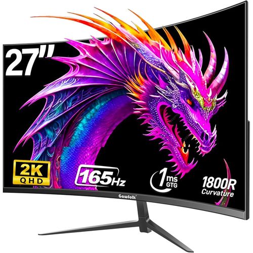 KGABERY-27'' Ecran Pc Gaming Incurvé 1800R, Moniteur Pc Dalle Va, Résolution Qhd (2560X1440), 144Hz/165Hz, 1Ms, Lunette Ultra-Mince, Inclinaison Réglable, Prend En Charge Hdmi/Dp