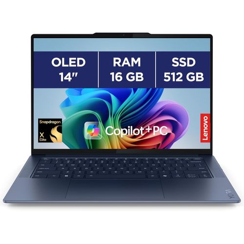 KGABERY-Yoga Slim 7 14Q8X9-Ordinateur Portable Copilot + 14'' 3K Oled 90Hz (Qualcomm-Sd Elite X, Ram 16Go, Ssd 512Go, Windows 11 Home) Clavier Rétroéclairé Azerty Fr-Cosmique Bleu