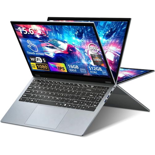 KGABERY-Ordinateur Portable 2 En 1, 15,6"" Win11, 16Go Ram, 512Go Ssd, Amd Ryzen3 3200U Cpu, Radeon Graphics Gpu, Écran Tactile Ips 360° Flip, Usb3.0, Typec, Rj45, Mini-Hdmi