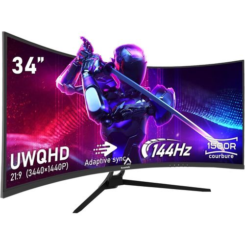 KGABERY-Écran Pc Ultra Large 34 Pouces 1500R Incurvé 144Hz Gaming Computer Moniteur,21:9 Uwqhd(3440X1440),Adaptive Sync¿Hdr¿178 ° Angle Vue¿Displayport¿Hdmi¿Vesa 75 * 75Mm-Noir