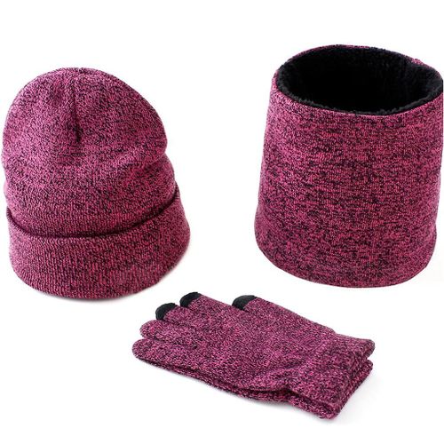 Hommes Femmes 3pcs Tricoté Revers Bonnet Chapeau Boucle Écharpe Pour Écran Tactile Gants Se