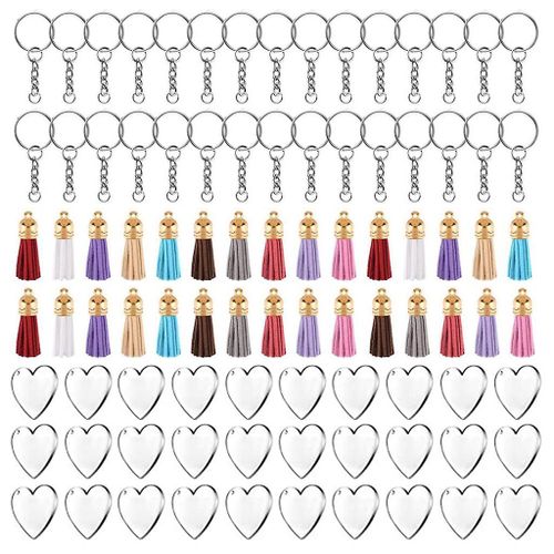 90pcs Disques Acryliques Coeur Clair Porte-Clés Blancs Breloques Pompon Coloré Pour Porte-Clés Pour Bricolage Artisanat Fabrication De Bijoux