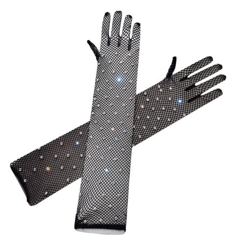 Gants En Maille Strass Noir Long Stretch Fishnet Glitter Party Gloves Pour Fille