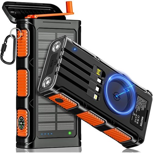 Batterie Externe Solaire Sans Fil 26800 Mah Avec Manivelle Et 4 Câbles, Chargeur Solaire Usb-C Charge Rapide 7 Sorties Et 4 Entrées Pour Téléphone, Batterie Externe Étanche Pour Camping[M1178]