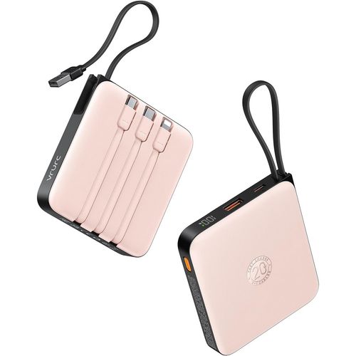 Batterie Externe 20000mah Avec 4 Câbles Intégrés Mini Power Bank Usb C 22.5w Charge Rapide Batterie Portable Avec Affichage Led Pour Iphone Samsung Huawei Xiaomi (Rose)[M650]