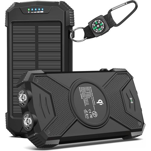 Batterie Externe Solaire Banque De Puissance 10000mah Chargeur Solaire Pour Randonnée, Chargeur Rapide Sans Fil Qi Pour Telephone, Interface Usb Compatible Avec Les Téléphones, Tablettes[M1077]
