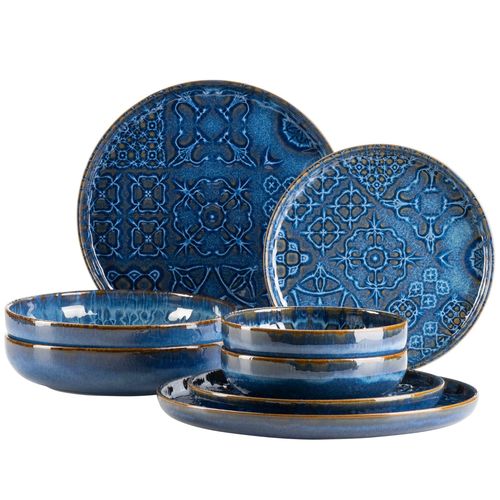 Maser 934063 Serie Tiles Ensemble De Vaisselle Moderne Vintage Pour 2 Personnes Au Design Maure 8 Pieces Avec Assiettes Et Bols En Ceramique De Qualite Superieure, Gres, Bleu