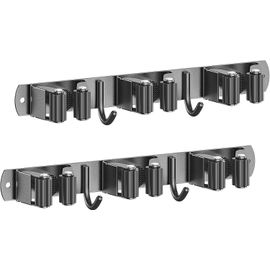 KGABERY-Accroche Balai Mural,Porte Balais Mural Avec 3 Supports Et 2 Crochets,Support Balais Mural Sans Percage,Range Attache Balai Mural Avec Vis,Porte Outils De Jardin Mural,Noir (Pack De 2)