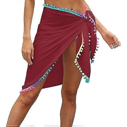Femmes Plage Sarong Cover Up Beachwear Jupes Vacances D¿Été Wrap Robe Maillot De Bain Couvre Avec Pompon, Rouge