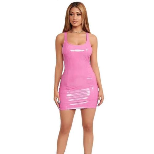 Xyc Femmes Faux Cuir Moulant Mini Robe Col Carré Sangle Réglable Latex Robe Soirée Fête Clubwear(Rose S)