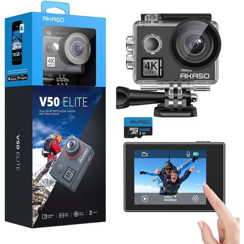 ChenQuanSarl- V50 Elite Action Cam Avec Carte Mémoire Microsdxc 64 Go, Caméra Sport 4K 60Fps 20Mp Wifi Télécommande Commande Vocale Ecran Tactile Eis Sous Marine Angle Vision Réglable 8X Zoom