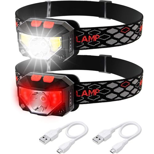 Ytseazn-Lot De 2 Lampes Frontales Led Rechargeables Ultra Légères Pour Adultes Et Enfants,6 Modes D'éclairage Blanc Et Rouge,Angle Réglable,Étanche,Détecteur De Mouvement,Lampe De Poche Mains
